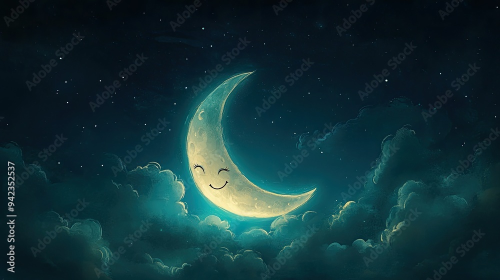 A crescent moon with a smiling face, drawn in a whimsical style, glowing softly in a dark blue sky with ample space for copy. A crescent moon with a smiling face, drawn in a whimsical style, glowing softly in a dark blue sky with ample space for copy.