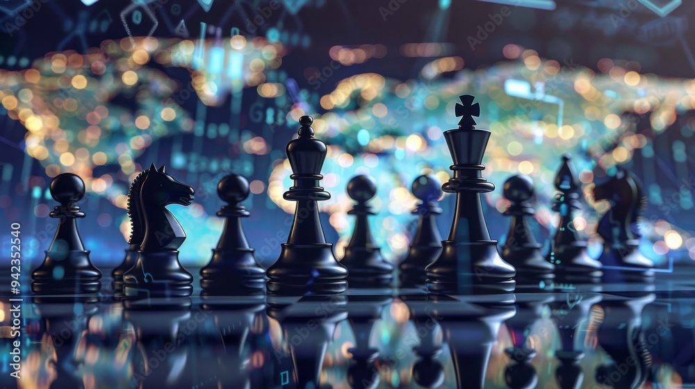 Chess pieces on a digital map, reflecting world map, global business strategy generative ai Chess pieces on a digital map, reflecting world map, global business strategy generative ai