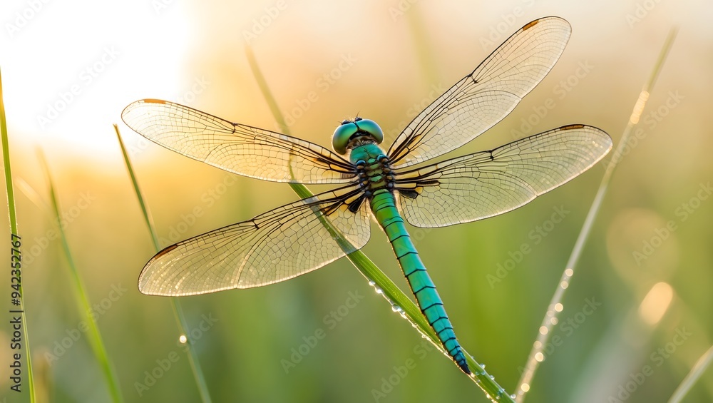 A stunning dragonfly with vibrant turquoise colors, resting on lush green grass as the sun sets, capturing nature's beauty and tranquility. A stunning dragonfly with vibrant turquoise colors, resting on lush green grass as the sun sets, capturing nature's beauty and tranquility.