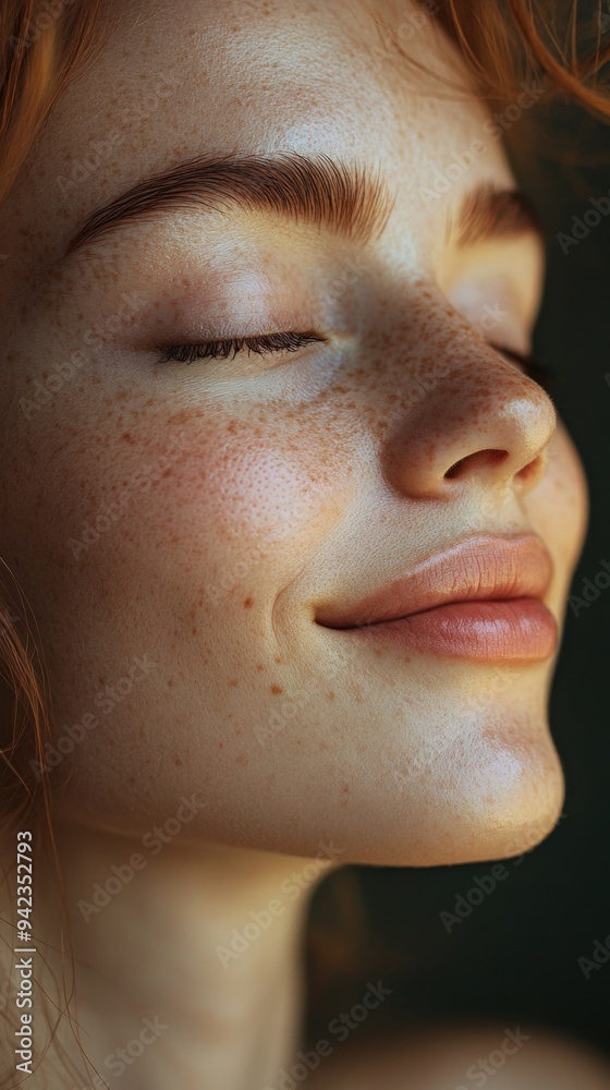 Fototapeta premium Close-up of a mindful smile on a person's face during meditation, [mindfulness], [inner joy]