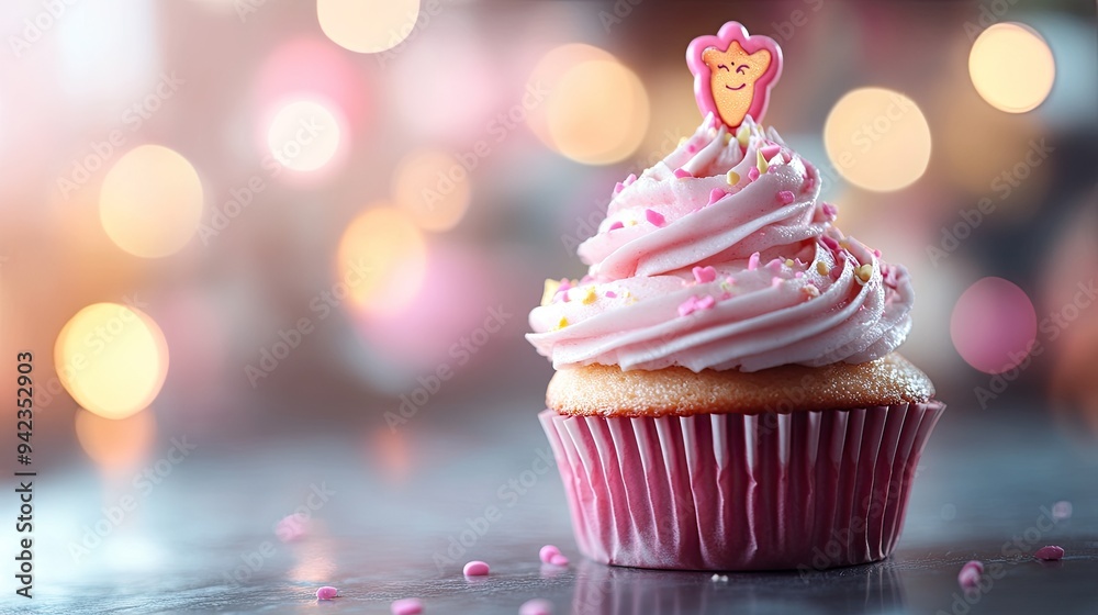 A cupcake with a cute topper, sitting on a table with a blurred party background. Copy space available. A cupcake with a cute topper, sitting on a table with a blurred party background. Copy space available.