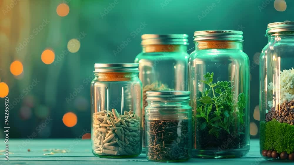 Colorful glass jars filled with seeds and herbs, set against a dreamy bokeh background Colorful glass jars filled with seeds and herbs, set against a dreamy bokeh background
