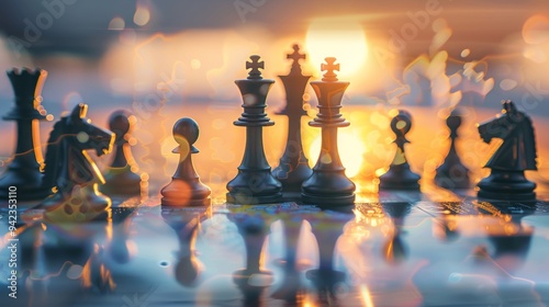 Chess pieces on a dynamic map, reflecting world map, global competition strategy generative ai