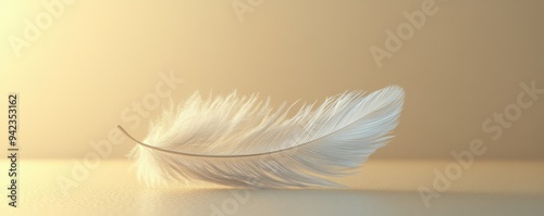 A single feather floating, beige background, isolated, 3D Blender style, lightness, mindfulness, space for text