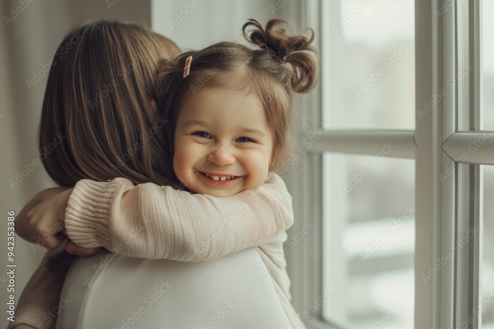 Cute little girl with pigtails hugging her mom, both smiling, standing by a large window with soft daylight, minimalistic background, waist-length photo. Cute little girl with pigtails hugging her mom, both smiling, standing by a large window with soft daylight, minimalistic background, waist-length photo.