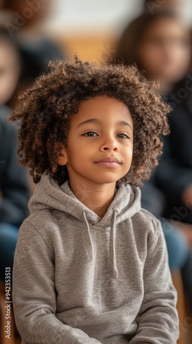 A child practicing mindfulness in a classroom, focusing on a breathing exercise, [mindfulness for kids], [education concept]