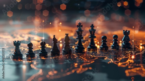 Chess pieces on a dynamic map, reflecting world map, global competition strategy generative ai