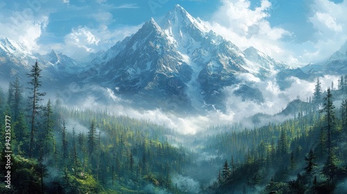 A dense forest covering the slopes of a towering mountain, with snow-capped peaks in the background and clouds drifting by. photo