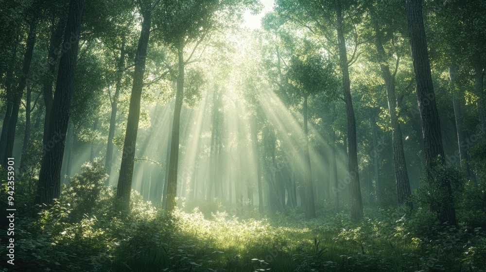 A dense forest with tall, towering trees and sunlight filtering through the leaves, creating a serene and natural scene with ample copy space. A dense forest with tall, towering trees and sunlight filtering through the leaves, creating a serene and natural scene with ample copy space.