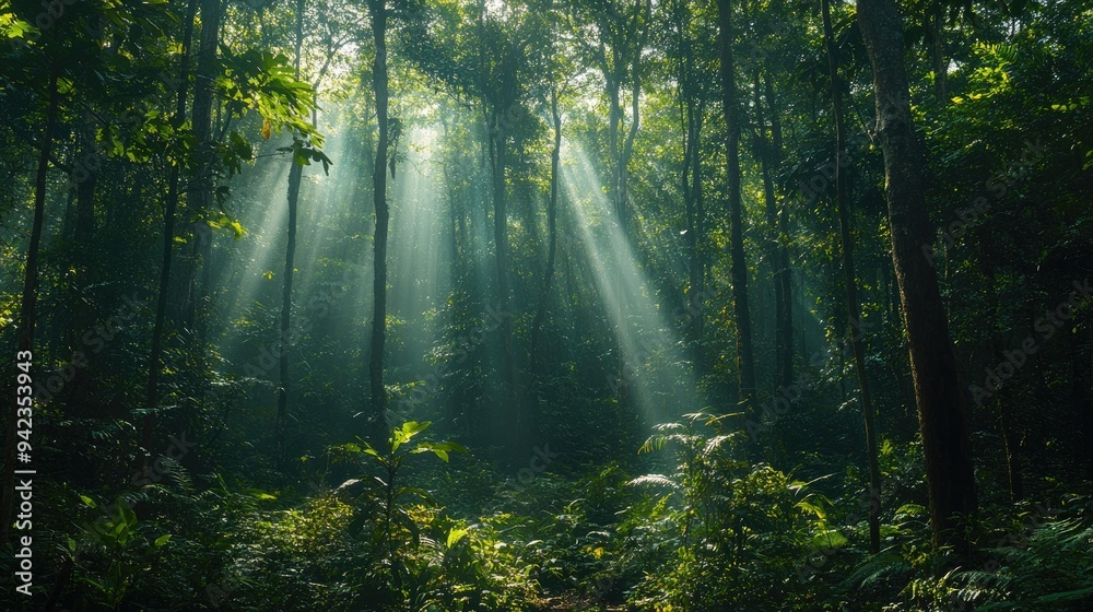 Fototapeta premium A dense forest with tall, towering trees and sunlight filtering through the leaves, creating a serene and natural scene with ample copy space.