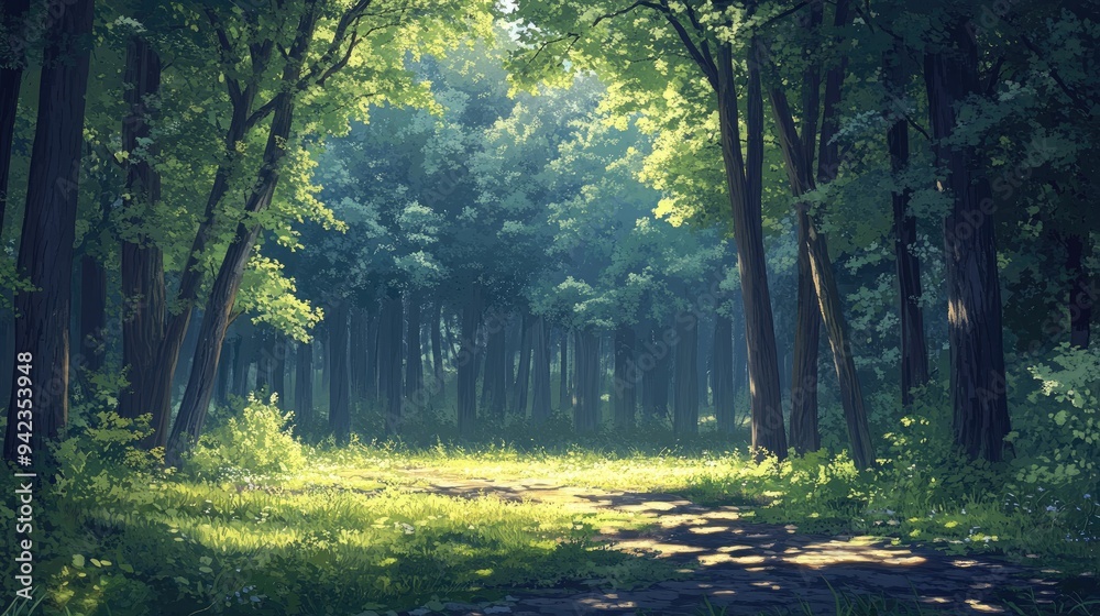 A dense forest with tall trees, their leaves forming a thick canopy overhead, casting dappled shadows on the forest floor. A dense forest with tall trees, their leaves forming a thick canopy overhead, casting dappled shadows on the forest floor.