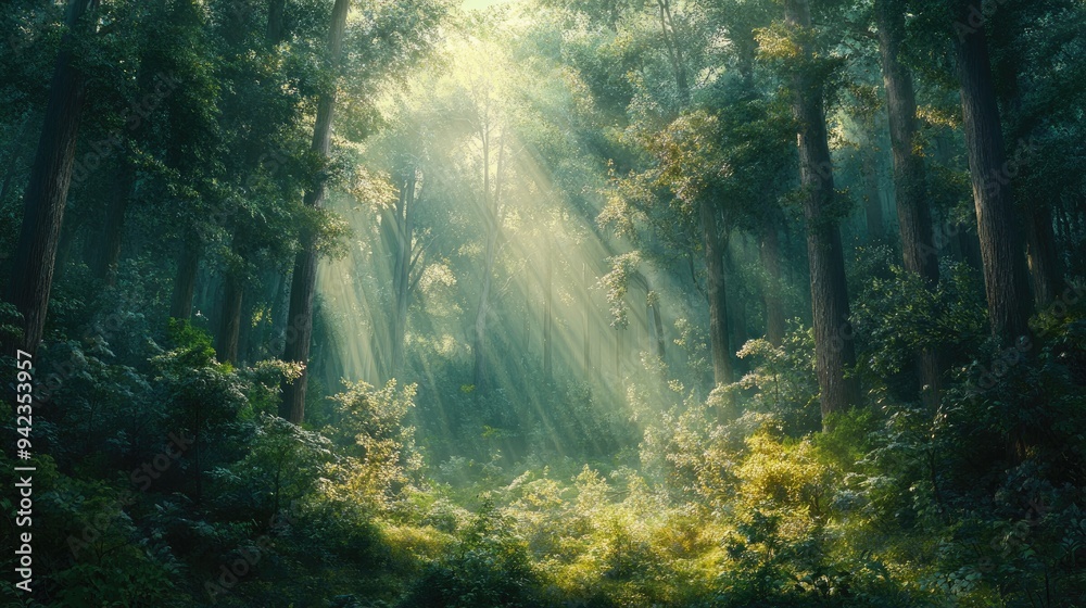 A dense forest with towering trees and sunlight filtering through the canopy, casting dappled light on the forest floor. A dense forest with towering trees and sunlight filtering through the canopy, casting dappled light on the forest floor.