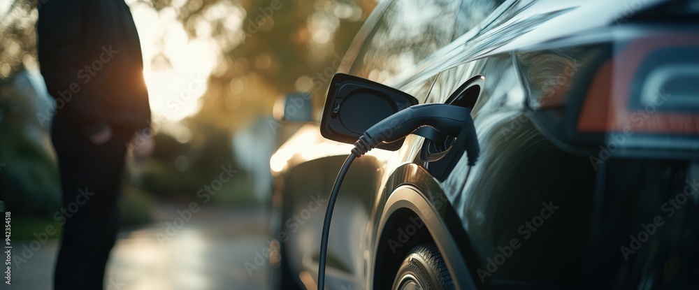 Close-up of an electric car being charged at sunset, symbolizing eco-friendly technology, sustainability, and the future of transportation. Close-up of an electric car being charged at sunset, symbolizing eco-friendly technology, sustainability, and the future of transportation.
