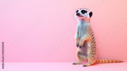 Meerkat with a pink background. The animal is standing on its hind legs and looking at the camera