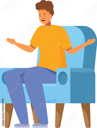Cartoon man is sitting on a blue armchair, talking about his problems with a psychotherapist