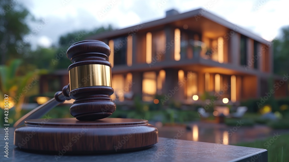 Wooden Gavel on Table with House Background - Wooden gavel placed on a table with a modern house and pool seen in the soft focus background. Wooden Gavel on Table with House Background - Wooden gavel placed on a table with a modern house and pool seen in the soft focus background.