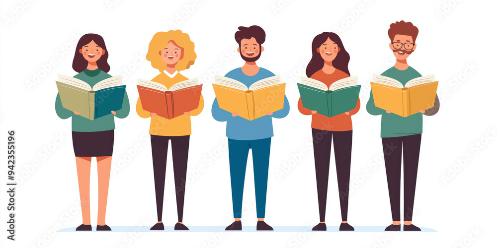 Obraz premium Group of Diverse People Reading Books Together, Illustrating Education and Literature Community