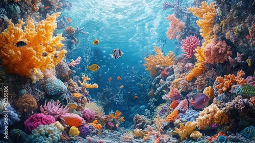 A detailed view of a coral reef ecosystem with various marine creatures interacting, including fish, crabs, and sea urchins.