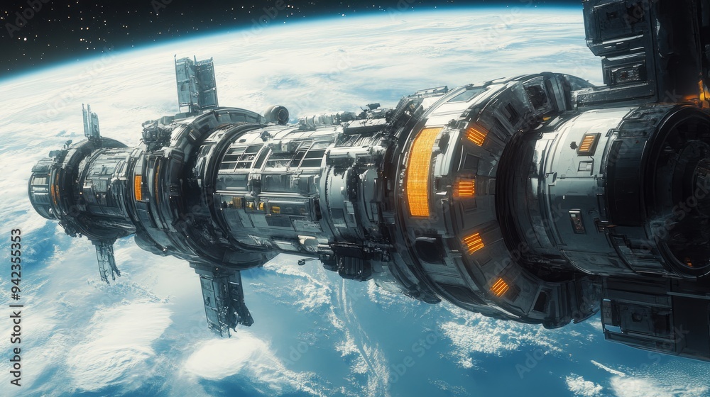 A detailed view of a space station orbiting Earth, with a futuristic design and clear space for messages. A detailed view of a space station orbiting Earth, with a futuristic design and clear space for messages.