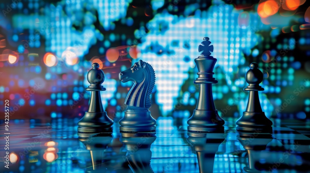 Chess pieces on a holographic board, reflecting world map, international business leadership generative ai Chess pieces on a holographic board, reflecting world map, international business leadership generative ai