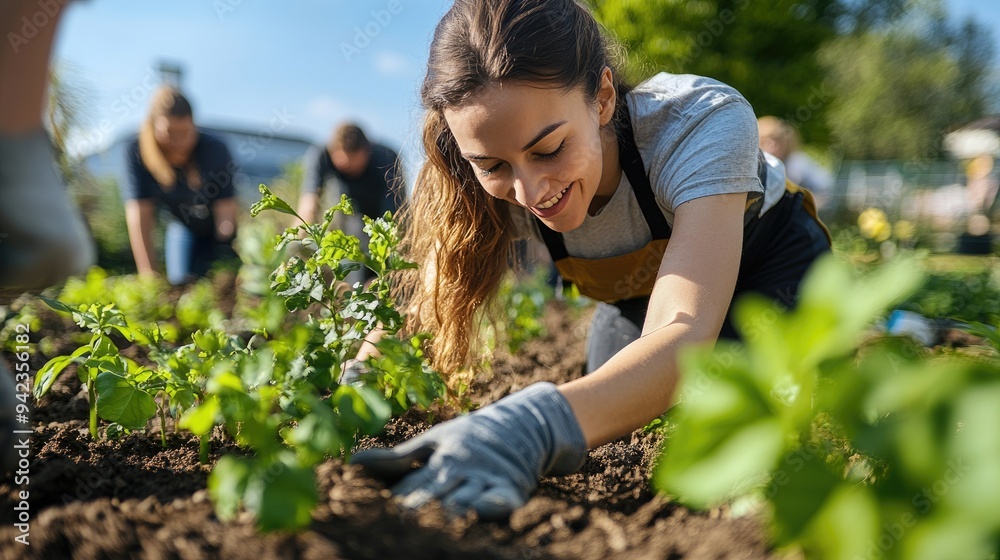 A diverse group of volunteers working in an urban garden, planting and watering, ideal for themes of community and sustainability with space for messaging. A diverse group of volunteers working in an urban garden, planting and watering, ideal for themes of community and sustainability with space for messaging.
