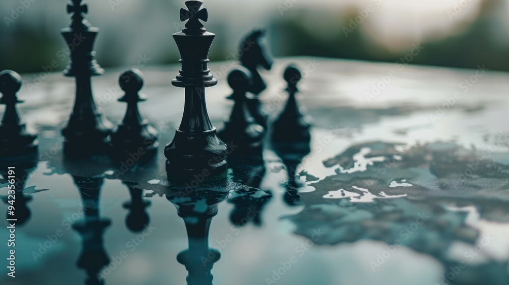 Chess pieces seen from close up, reflecting world map, international business concept generative ai Chess pieces seen from close up, reflecting world map, international business concept generative ai