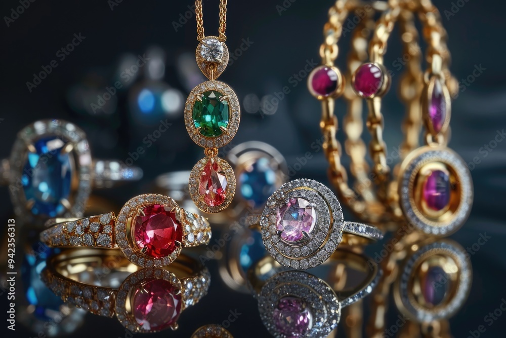 A assortment of rings and necklaces arranged on a table, ideal for use in fashion or lifestyle context A assortment of rings and necklaces arranged on a table, ideal for use in fashion or lifestyle context