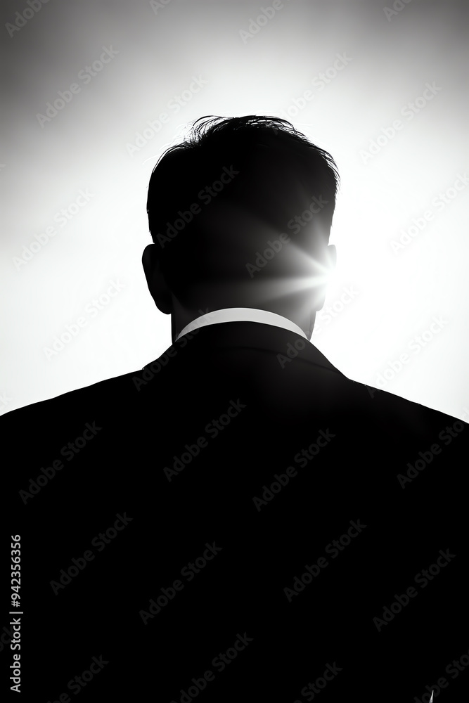 Silhouette of a man in a suit with a bright light shining behind him, representing mystery, professionalism, and secrecy. Silhouette of a man in a suit with a bright light shining behind him, representing mystery, professionalism, and secrecy.