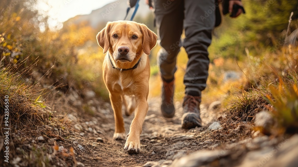A dog leading the way on a trail with a hiker following, capturing the excitement and energy of hiking with a canine friend with space for copy. A dog leading the way on a trail with a hiker following, capturing the excitement and energy of hiking with a canine friend with space for copy.