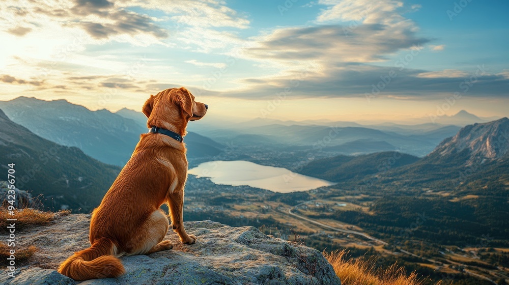 A dog sitting proudly at the summit of a hike, with a breathtaking view of mountains or valleys, celebrating the achievement with space for text. A dog sitting proudly at the summit of a hike, with a breathtaking view of mountains or valleys, celebrating the achievement with space for text.