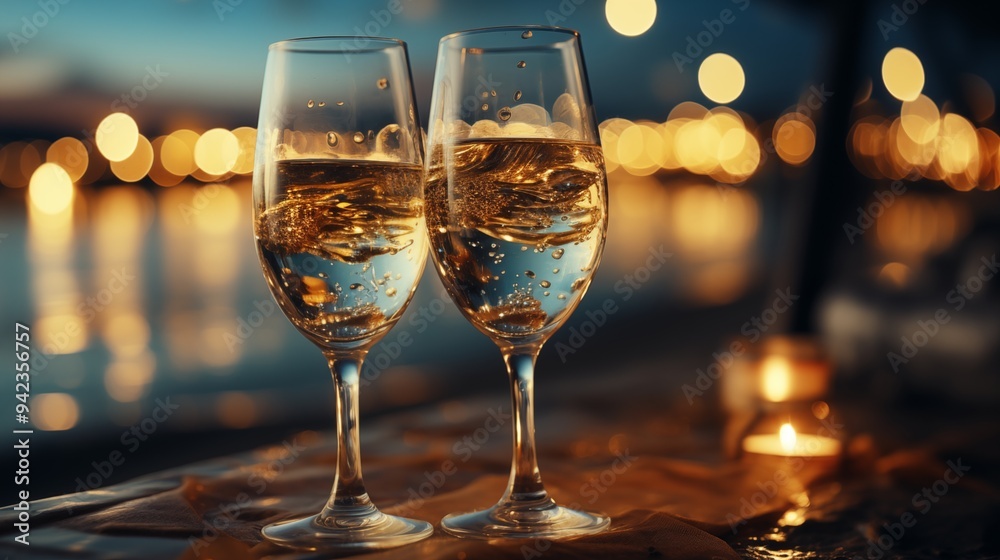 Two glasses of champagne touching each other and toasting at night New Year's party celebration on the beach Two glasses of champagne touching each other and toasting at night New Year's party celebration on the beach