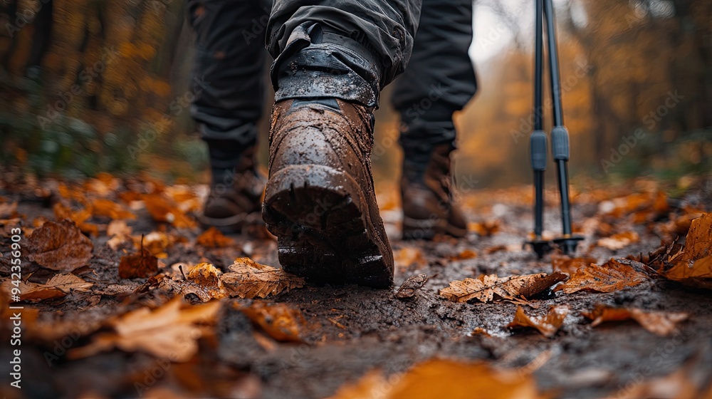 a trail covered in leaves and dirt, with a hiking backpack and trekking poles visible, capturing the practical side of hiking with pets. a trail covered in leaves and dirt, with a hiking backpack and trekking poles visible, capturing the practical side of hiking with pets.