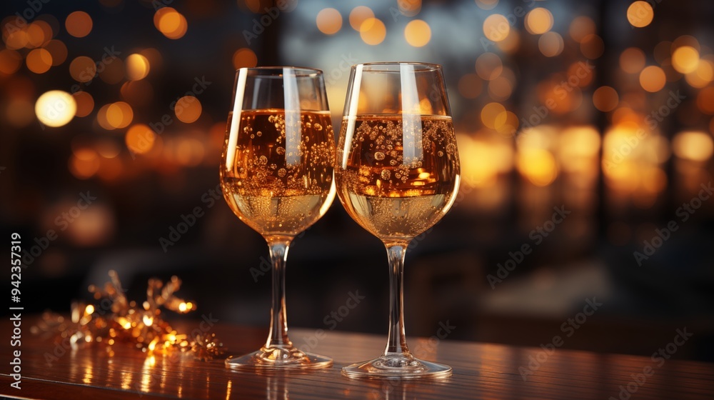 Two hands with glasses of champagne wine clink against blurred golden lights. Festive background and celebration concept Two hands with glasses of champagne wine clink against blurred golden lights. Festive background and celebration concept