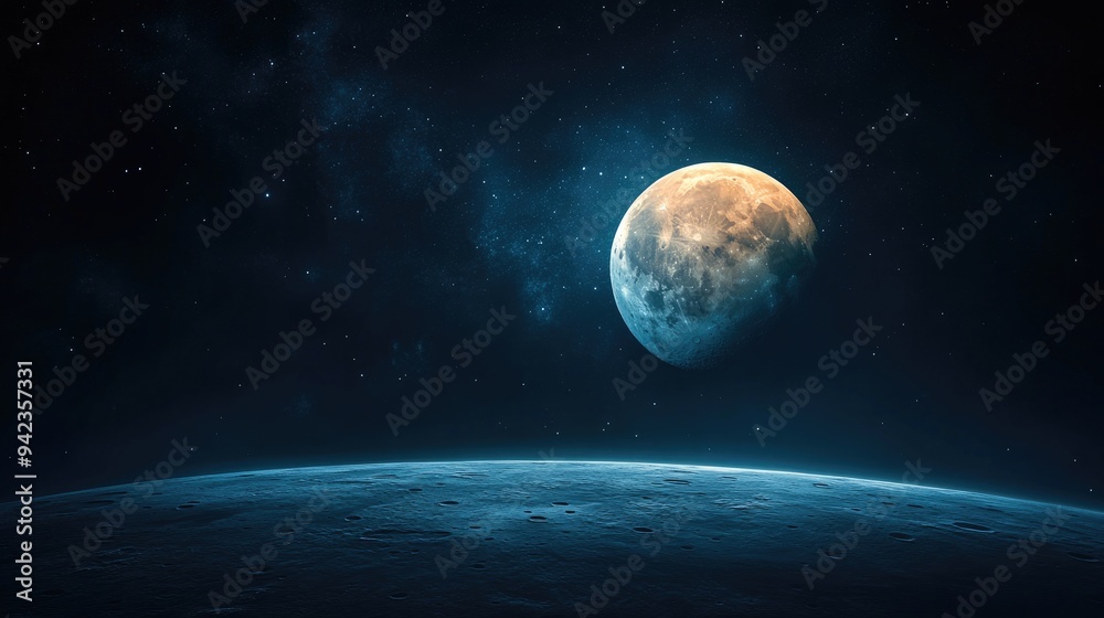 Fototapeta premium A dramatic lunar eclipse with the moon partially obscured by the Earths shadow, creating a striking visual effect with ample copy space.