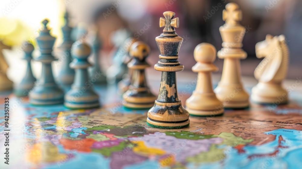 Chess pieces seen from close up, reflecting world map, cross-border business strategy generative ai Chess pieces seen from close up, reflecting world map, cross-border business strategy generative ai