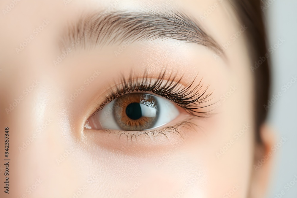 Woman's eyes after classic 2d volume eyelash extensions and eyebrow correction. Natural beauty. Cosmetology and skin care, makeup and cosmetic concept. Closeup. Background for banner or poster Woman's eyes after classic 2d volume eyelash extensions and eyebrow correction. Natural beauty. Cosmetology and skin care, makeup and cosmetic concept. Closeup. Background for banner or poster