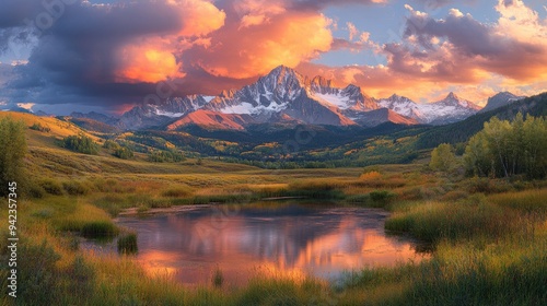 A dramatic mountain range at sunset, with colorful skies reflecting off rugged peaks, creating a stunning natural backdrop with space for text.
