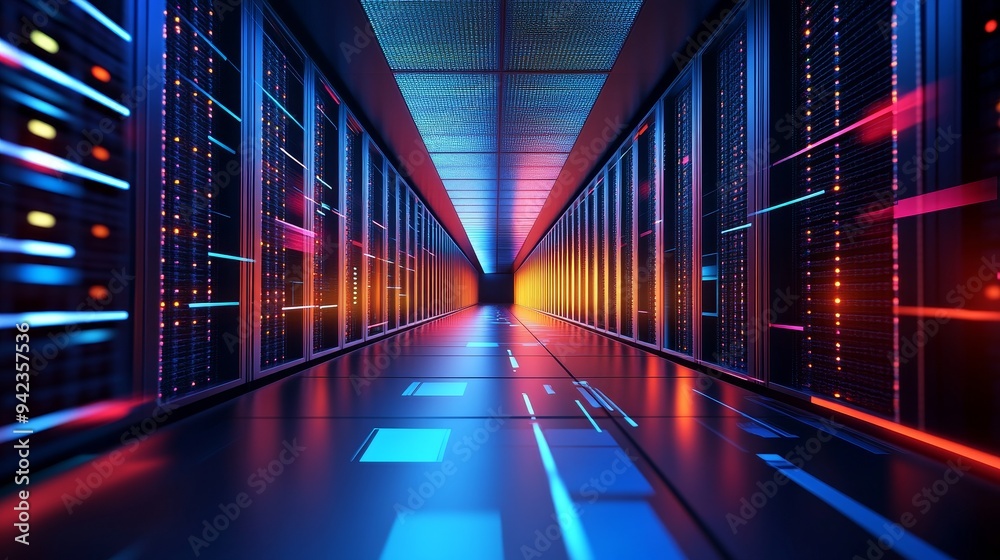 A futuristic server room with glowing lights and a long corridor leading to the center. A futuristic server room with glowing lights and a long corridor leading to the center.