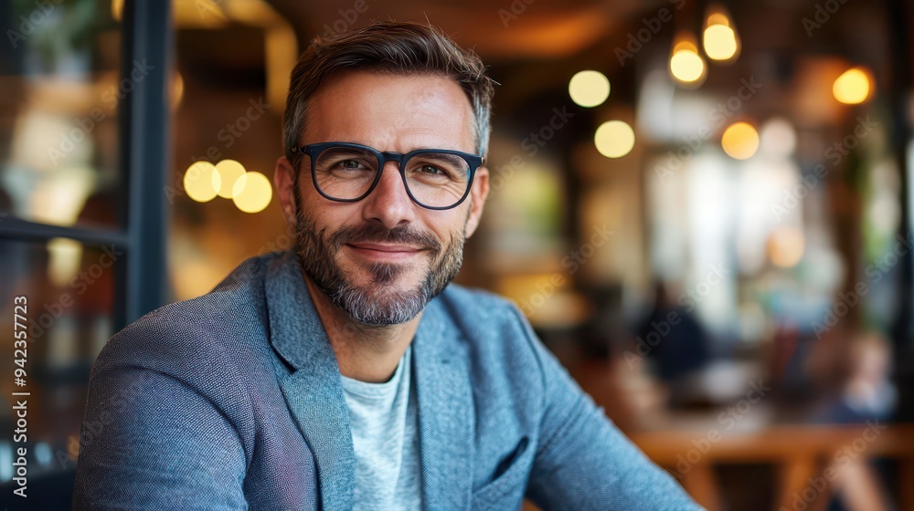 Man with glasses smiling in a cozy café during daytime Man with glasses smiling in a cozy café during daytime