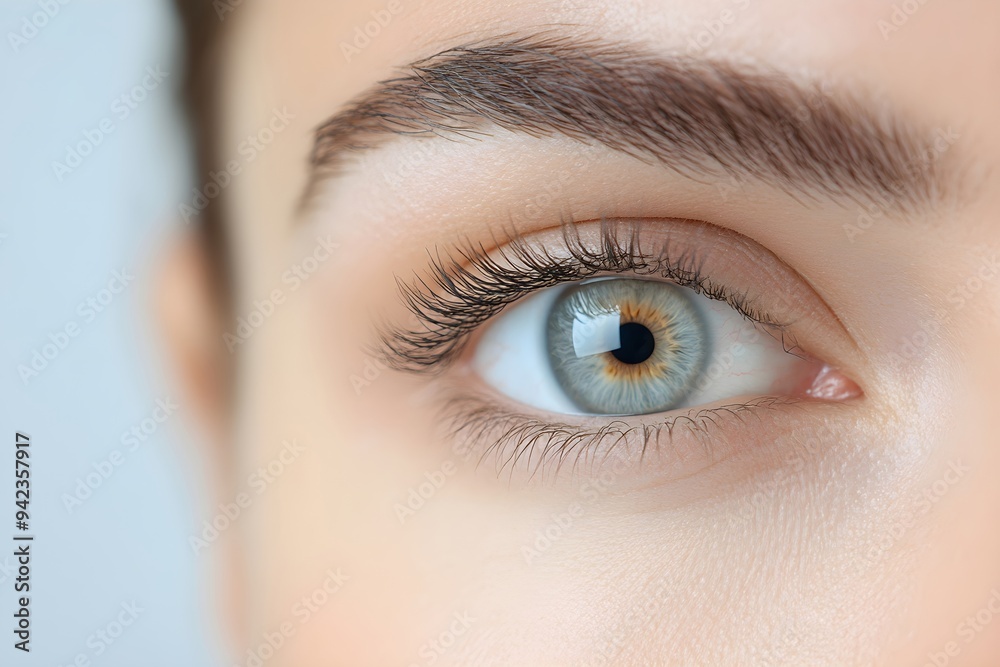 Obraz premium Woman's eyes after classic 2d volume eyelash extensions and eyebrow correction. Natural beauty. Cosmetology and skin care, makeup and cosmetic concept. Closeup. Background for banner or poster
