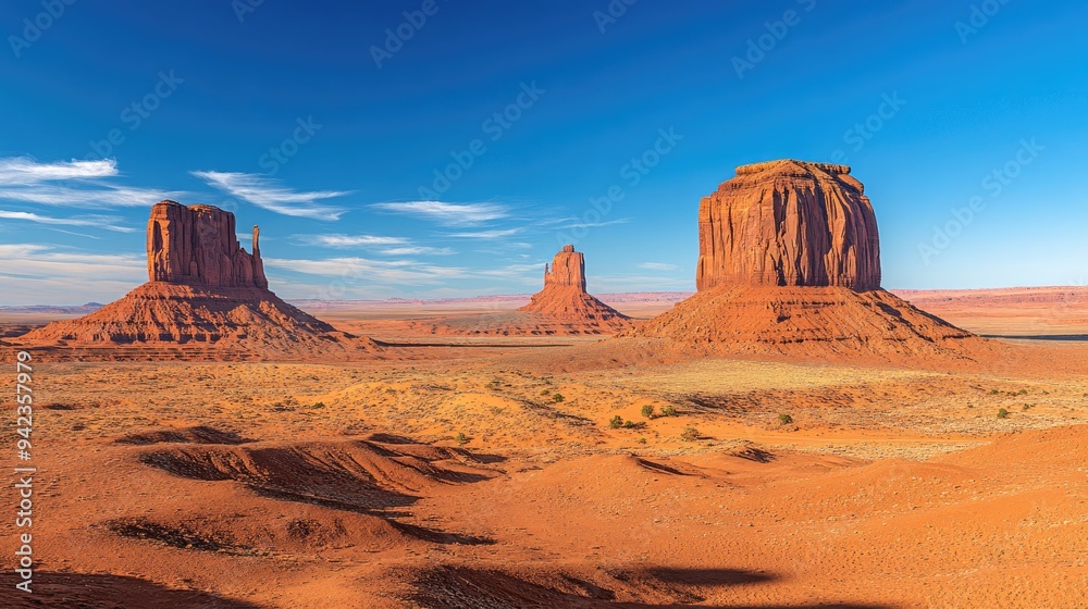 A dramatic shot of Monument Valley in Arizona, with its distinctive red rock formations and a clear blue sky creating a stunning contrast. A dramatic shot of Monument Valley in Arizona, with its distinctive red rock formations and a clear blue sky creating a stunning contrast.