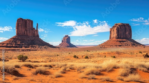 A dramatic shot of Monument Valley in Arizona, with its distinctive red rock formations and a clear blue sky creating a stunning contrast.