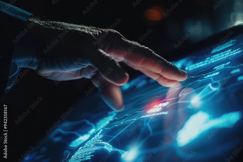 Fototapeta premium A person's hand touches the screen with their finger