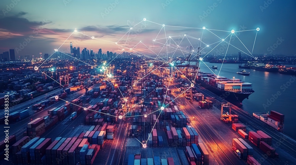 Global supply chain network with interconnected shipping routes and distribution hubs. Global supply chain network with interconnected shipping routes and distribution hubs.