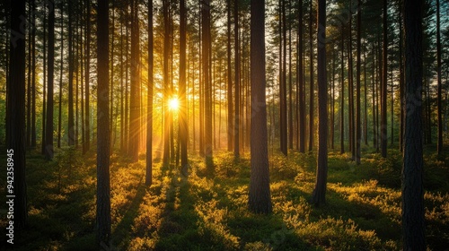 Golden hour sunlight streaming through forest