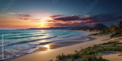 Beautiful panoramic wallpaper with beach and unearthly sky