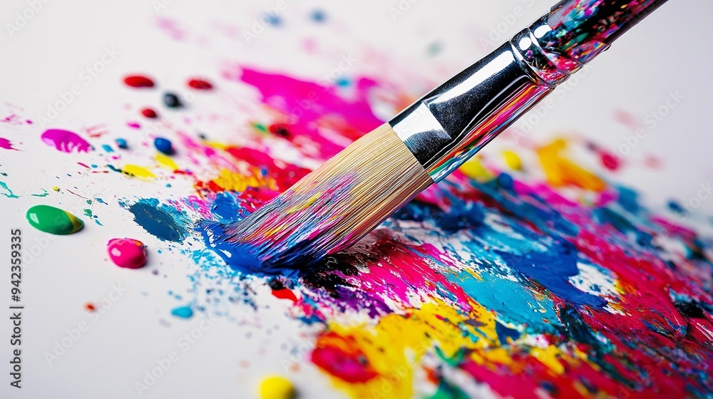 Fototapeta premium A vibrant close-up of a paintbrush creating colorful paint strokes on a white canvas.