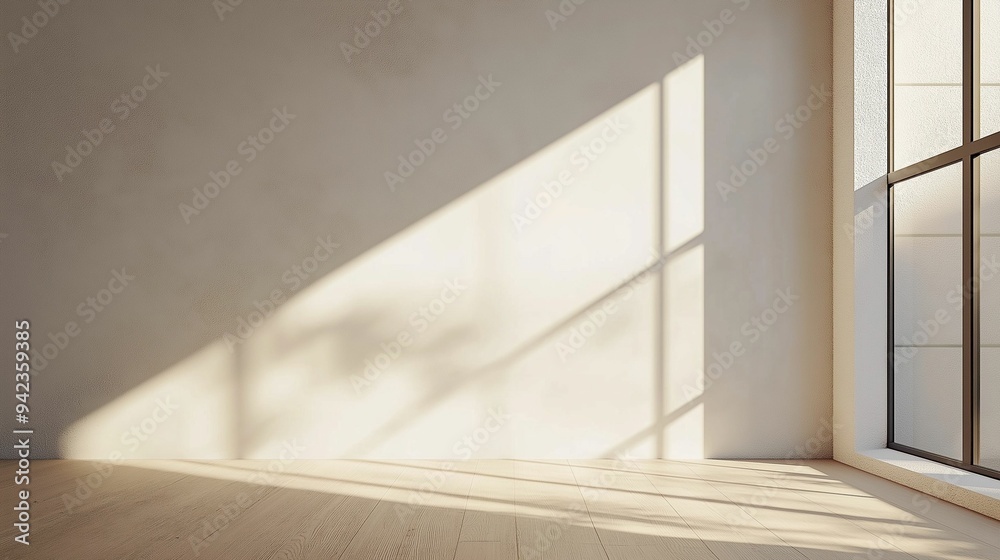 Fototapeta premium Minimalist empty room with soft natural light casting shadows from a window onto the wooden floor and wall.