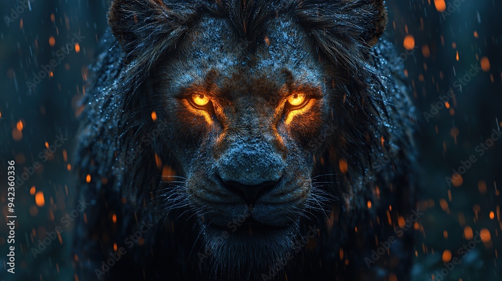 Naklejka premium A dramatic night forest setting isolates a wild lion in this intense 3D rendering.