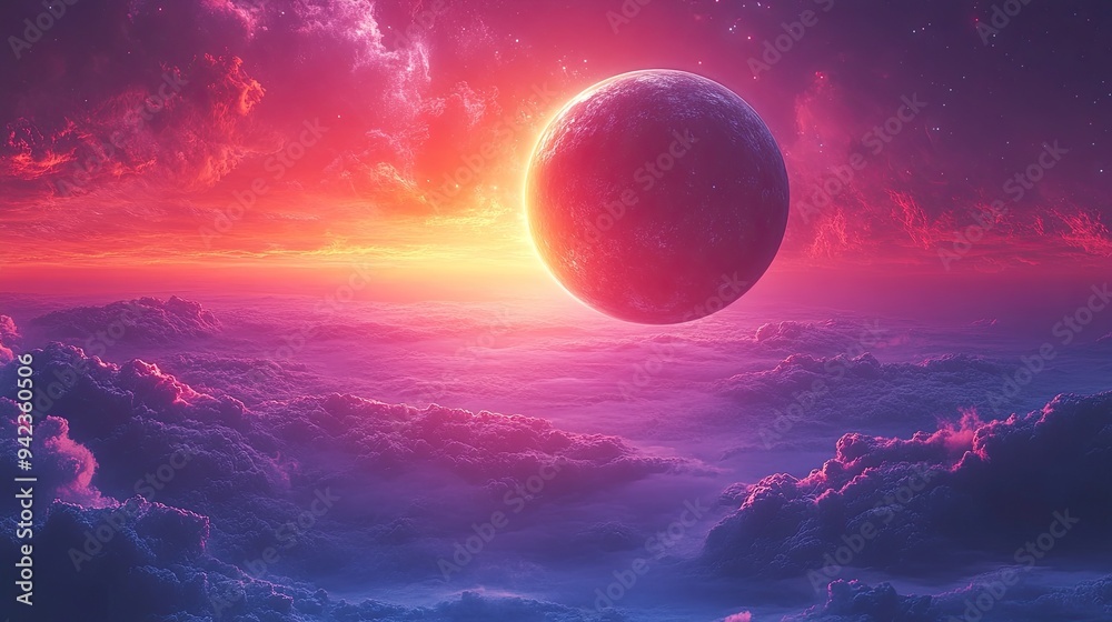A vibrant space scene beautifully centers a large planet in a 3D illustration.